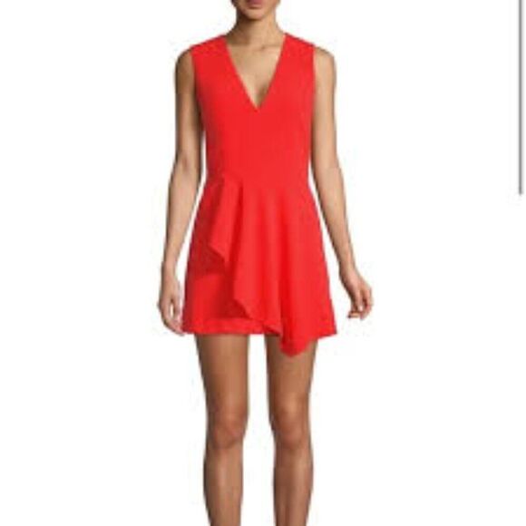 Alice and Olivia Callie Sleeveless Asymmetric Overlay A-line Dress Cherry Red 4 - Picture 1 of 7